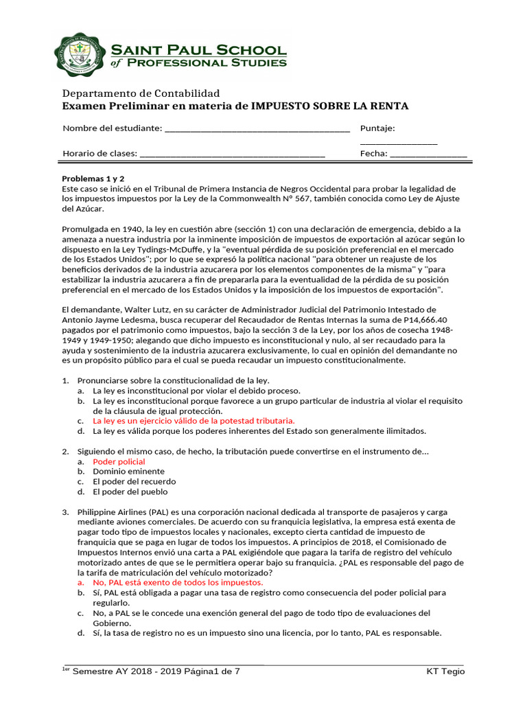 Examen de Impuesto sobre la Renta 2023 | PDF | Impuestos | Impuesto ...