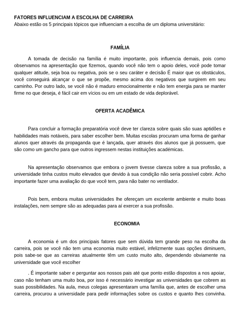 Fatores que Influenciam a Escolha de Carreira | PDF | Família | Economia