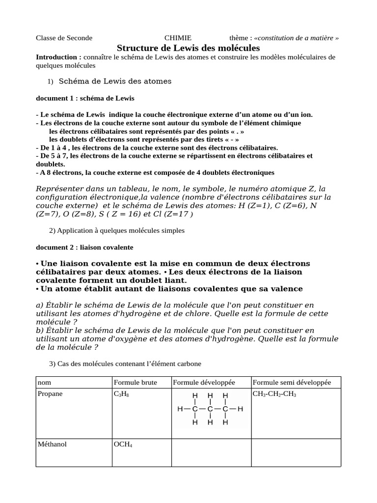 Schéma de Lewis des molécules chimiques | PDF | Liaison chimique ...