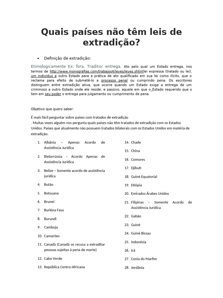 Países Sem Tratados de Extradição | PDF | Extradição | Tratado
