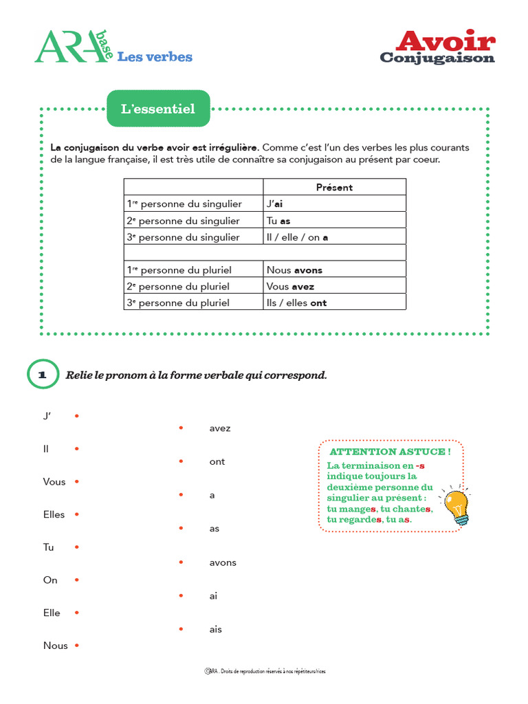 Conjugaison du verbe avoir au présent | PDF | Nombre grammatical | Verbe