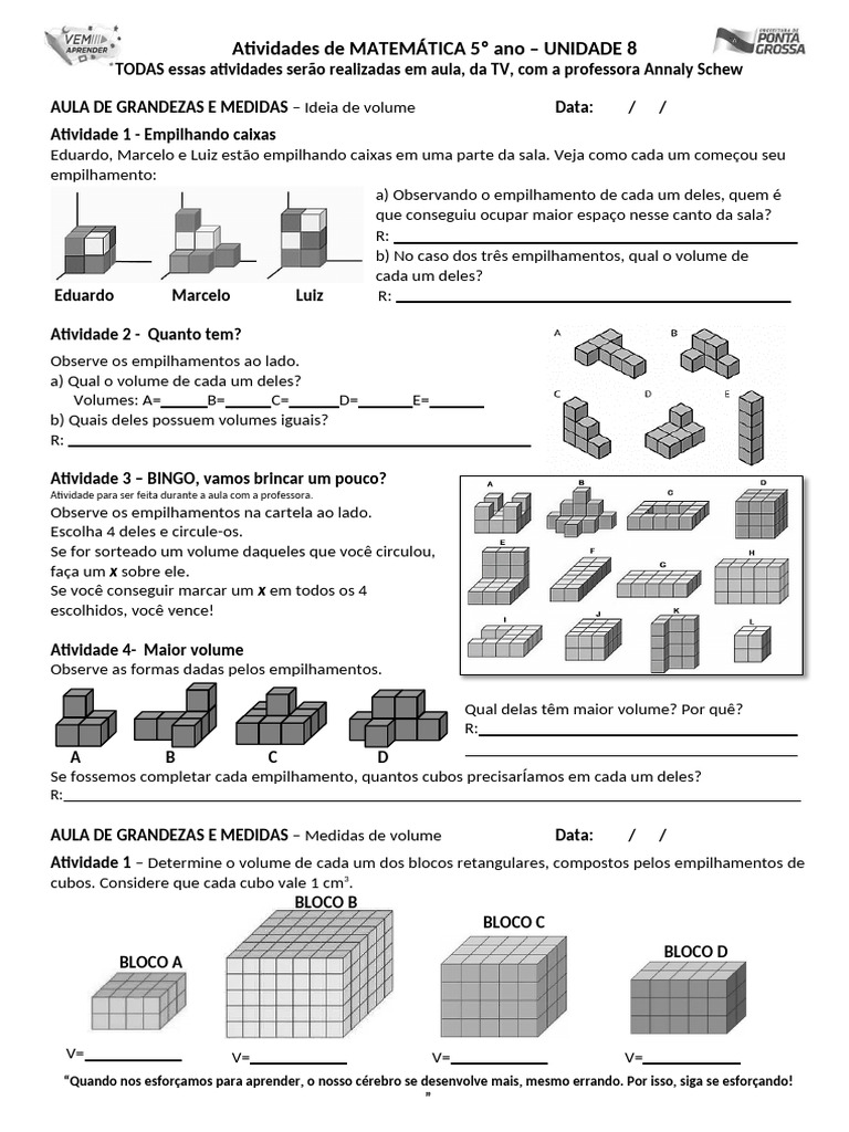Atividades de Matemática 5º Ano: Volume e Proporcionalidade | PDF | Leão
