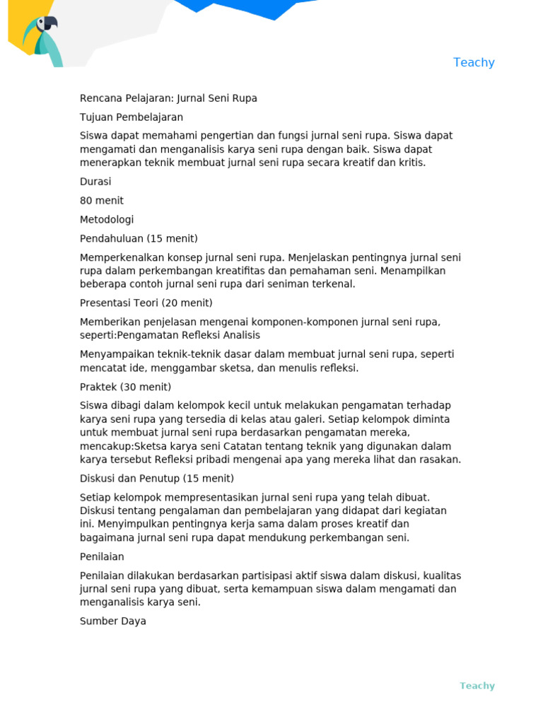 Rencana Pembelajaran Jurnal Seni Rupa | PDF