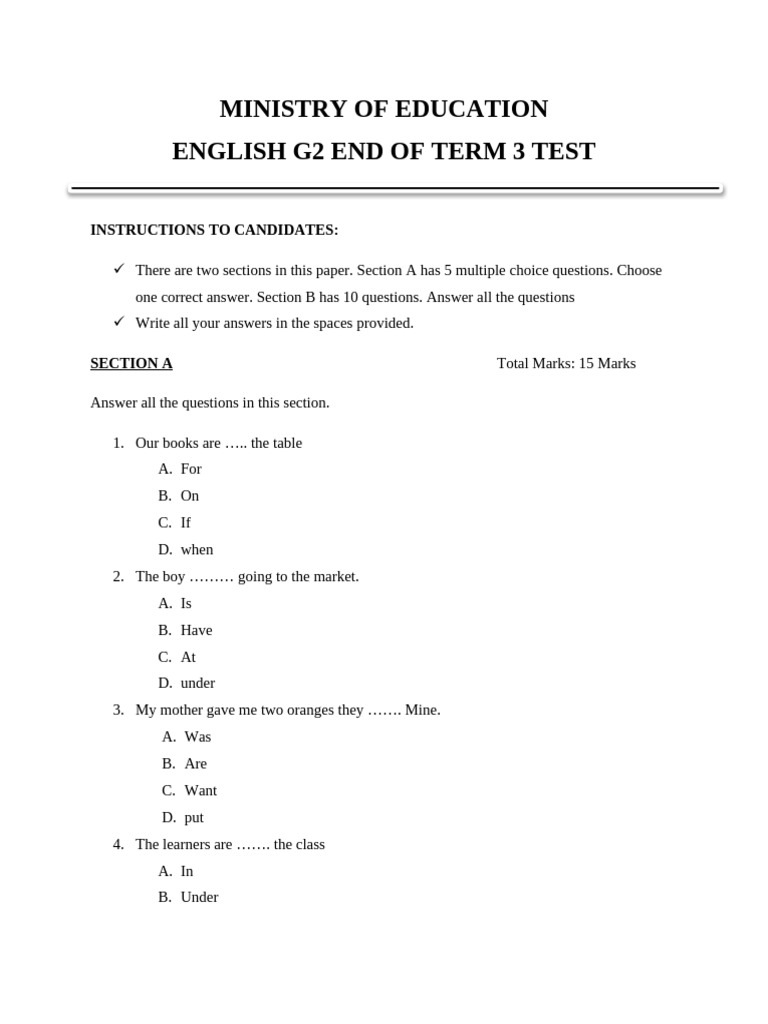 Grade 2 English Term 3 Test Paper | PDF