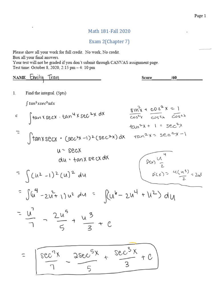 Math 181 Test 2 (CH 7) | PDF | Integral | Mathematical Analysis