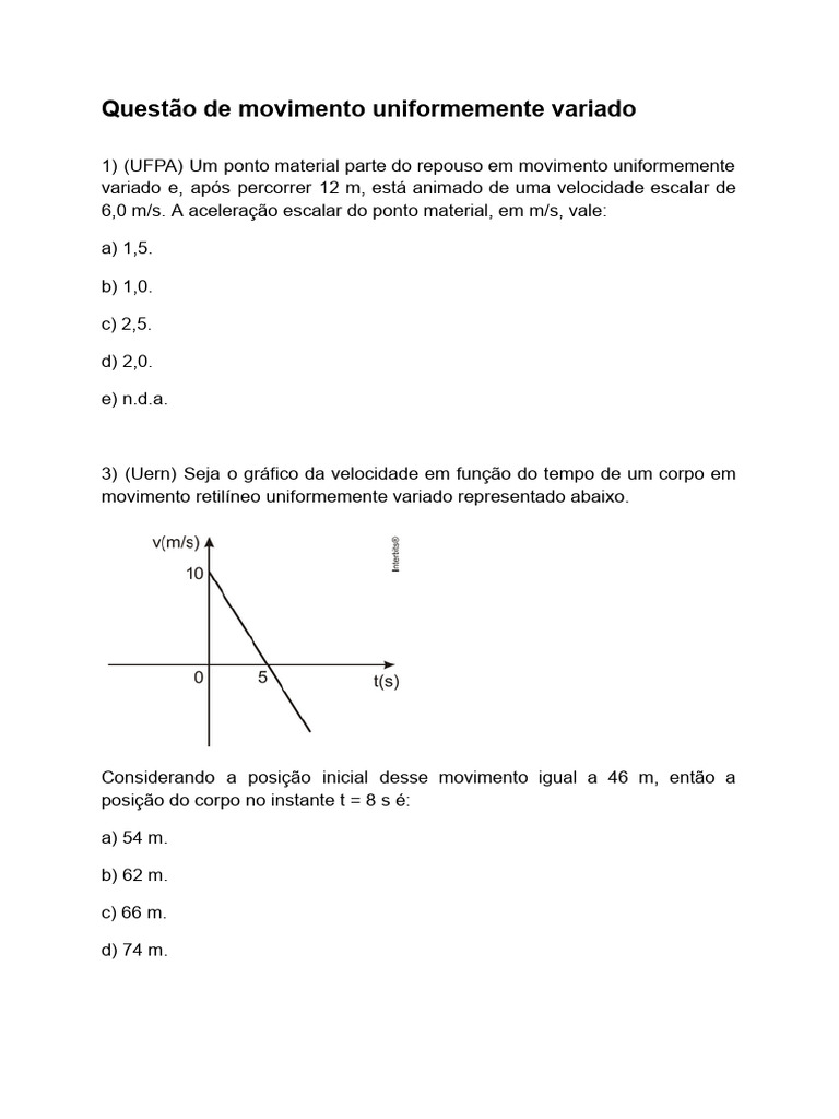 Questões sobre Movimento Uniformemente Variado | PDF