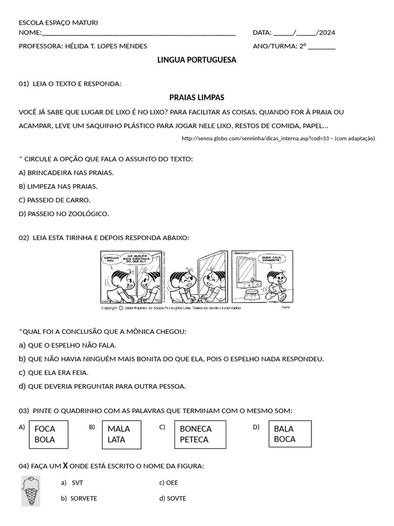 Atividades de Língua Portuguesa 2º Ano | PDF