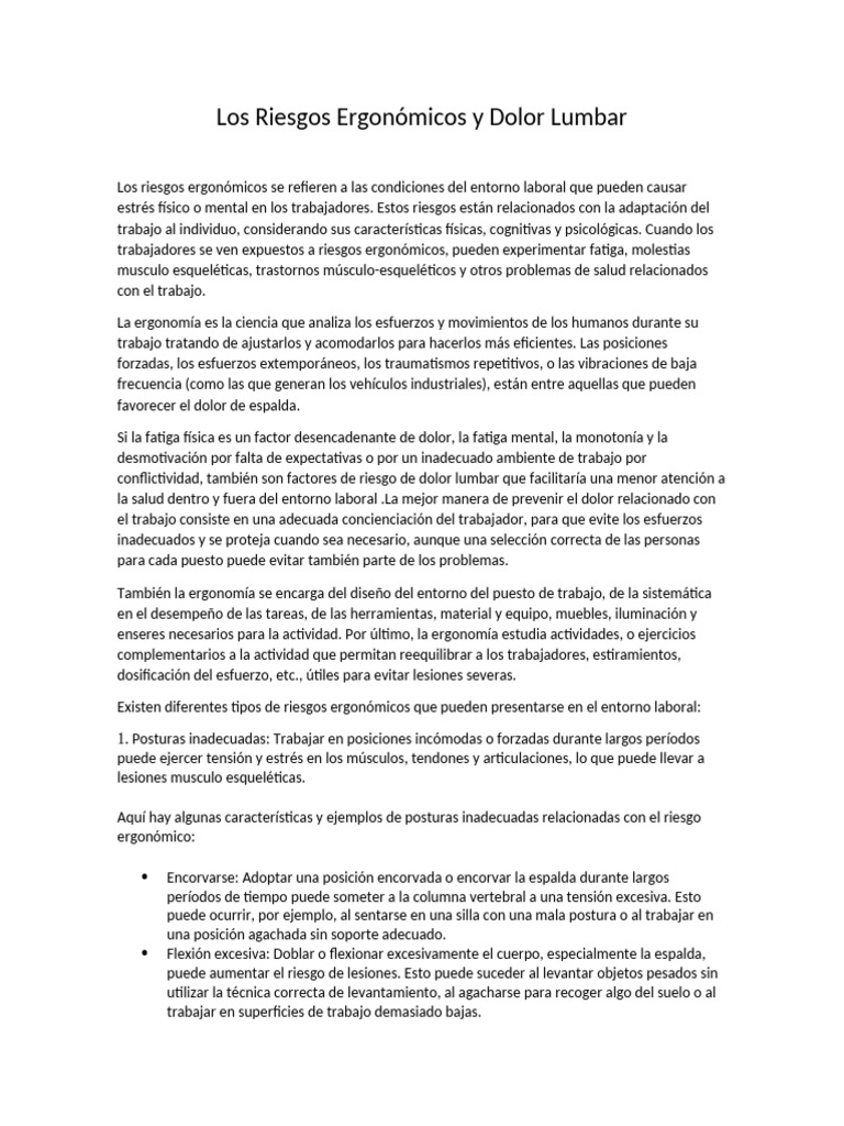 Riesgos Ergonómicos y Dolor Lumbar | PDF | La columna vertebral | Dolor ...