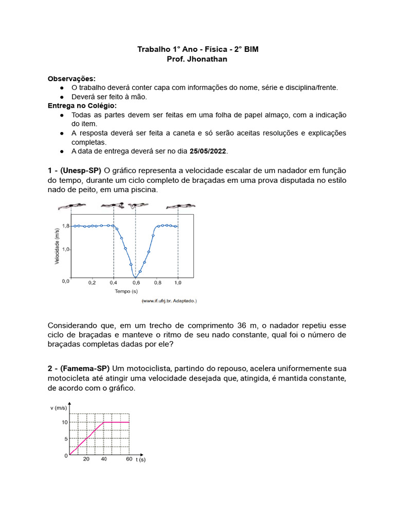 Trabalho de Fisica 2degree BIM 1degree Ano Do EM | PDF | Velocidade ...