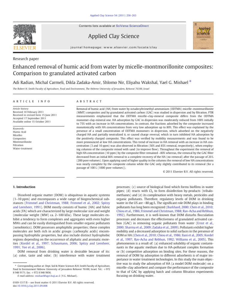 Enhanced Removal of Humic Acid From Water by Micelle-Montmorillonite ...