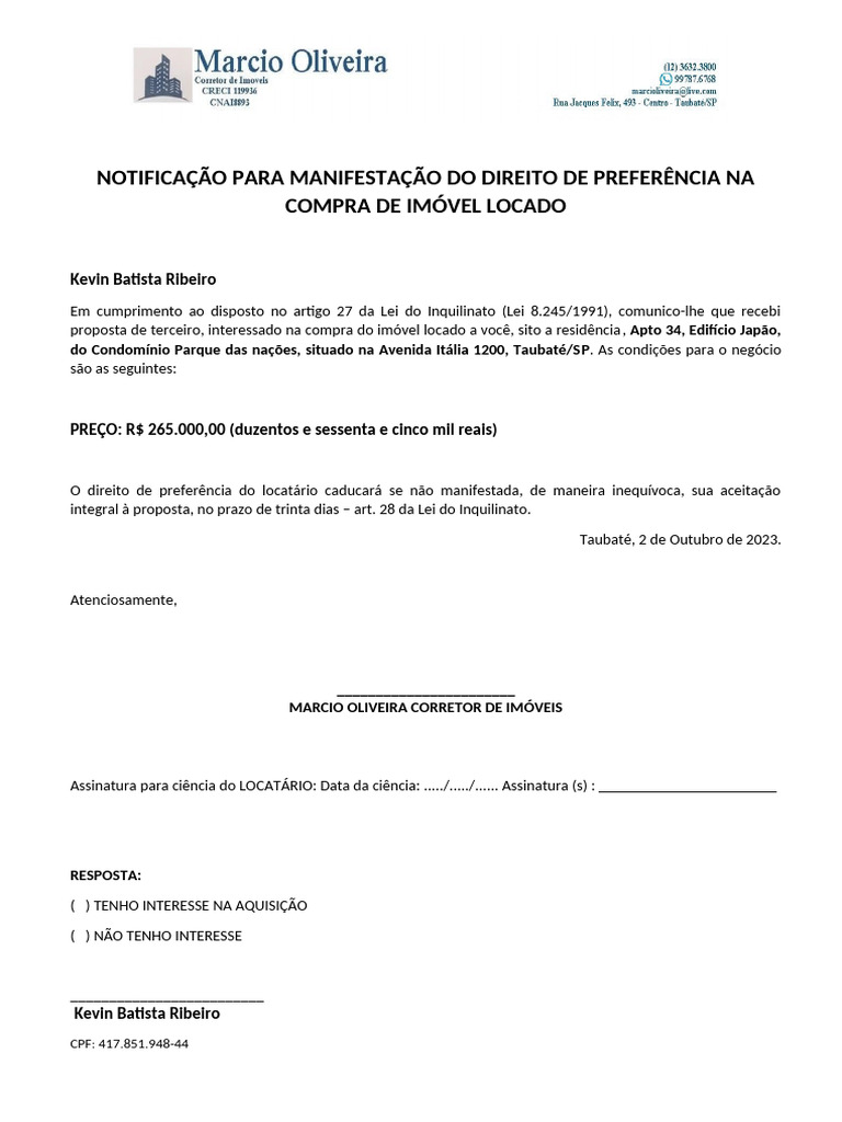 Notifica o De Direito De Prefer ncia Imobili ria PDF