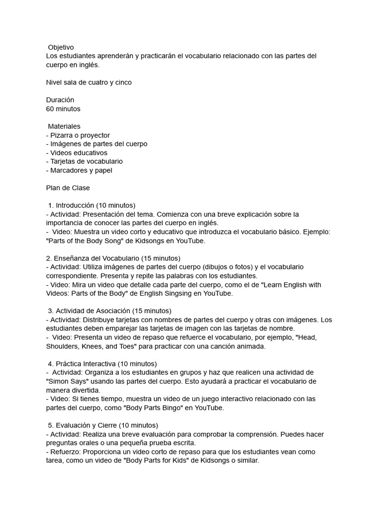 Vocabulario de Partes del Cuerpo en Inglés | PDF