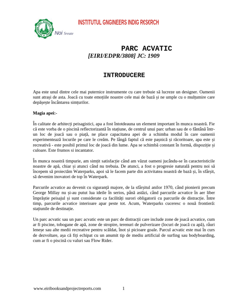 Raport de Proiect Privind Parcul Acvatic | PDF