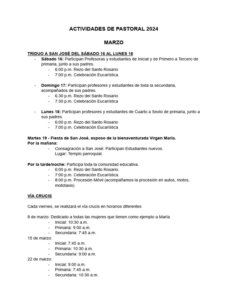 Actividades de Pastoral Marzo 2024 | PDF