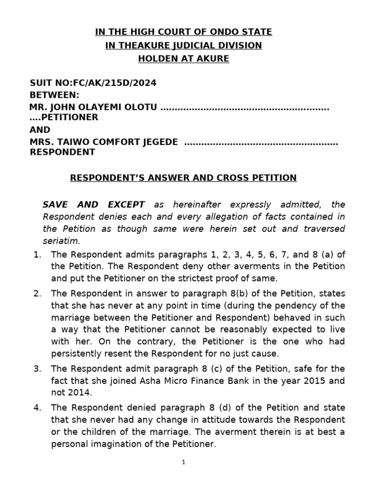 Respondent's Answer & Cross Petition | PDF | Affidavit | Social ...