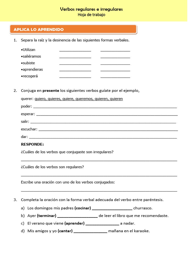 Ejercicios de Verbos Regulares e Irregulares | PDF