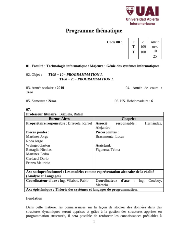 Programmation I : Cours et Objectifs | PDF | Programmation informatique ...