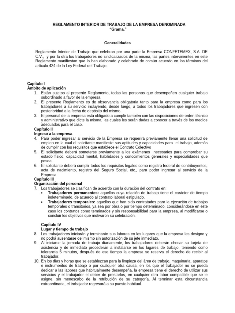 Reglamento Interior de Trabajo Grama | PDF | Tiempo de trabajo ...