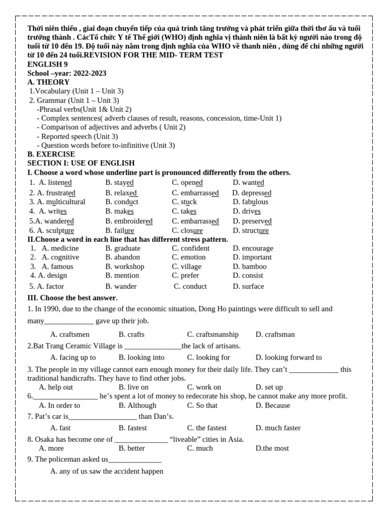 English 9 Mid-Term Test Revision Guide | PDF | Adolescence | Crafts