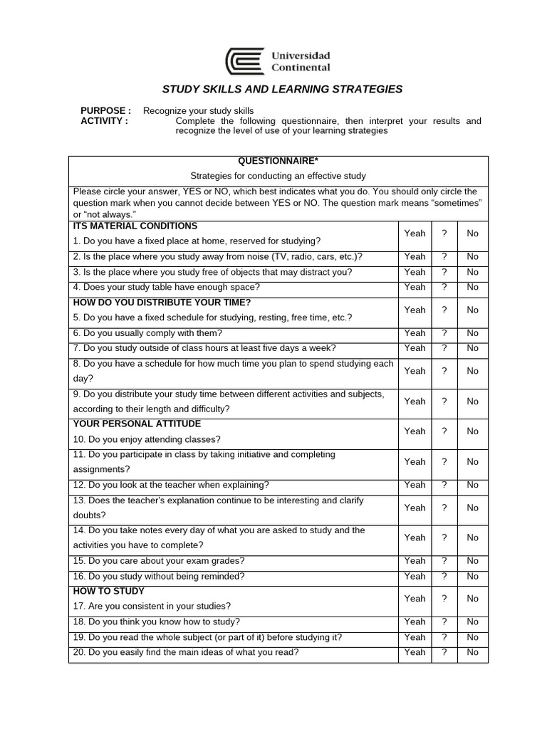 Study Skills Assessment Questionnaire | PDF | Study Skills | Questionnaire