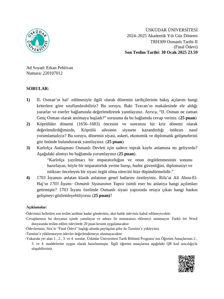 2024 2025 trh309 Osmanli Tarihi II Final Odevi | PDF