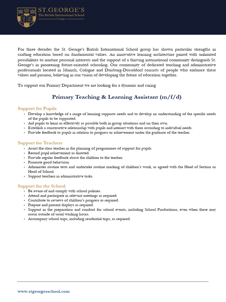 SGSC Primary Teaching & Learning Assistant 2023 | PDF | Teachers ...