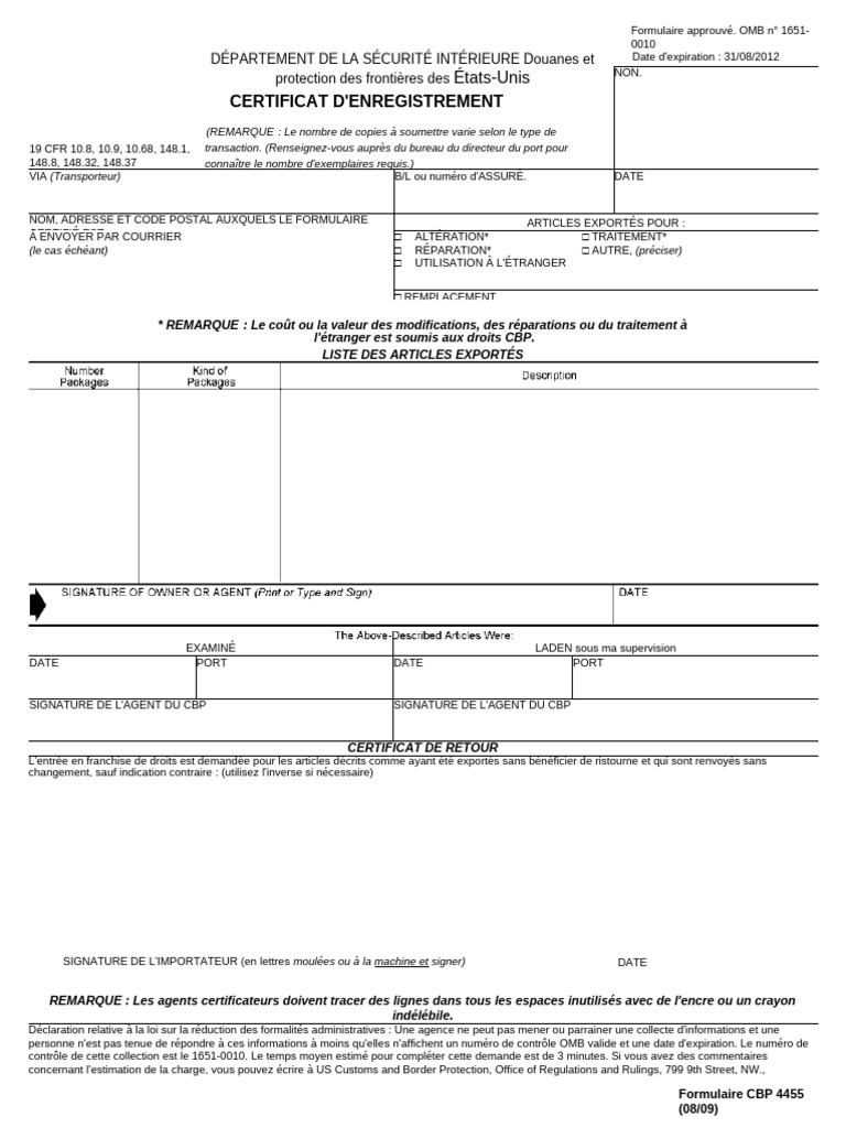 Formulaire CBP 4455 pour exportation | PDF | Service des douanes et de ...