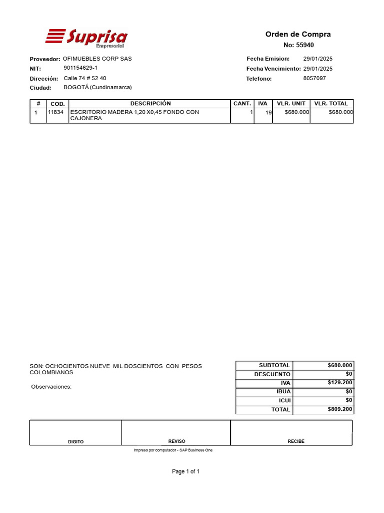 Orden de Compra Escritorio Bogotá 2025 | PDF