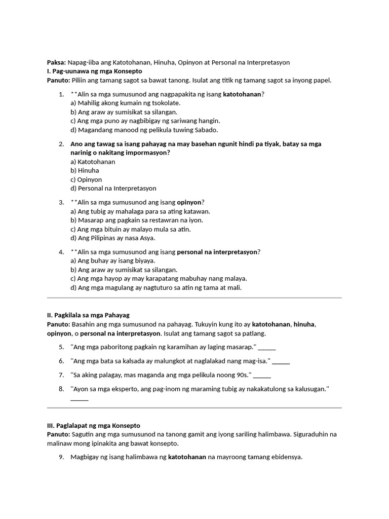 Pagsusulit Sa Filipino 8 | PDF