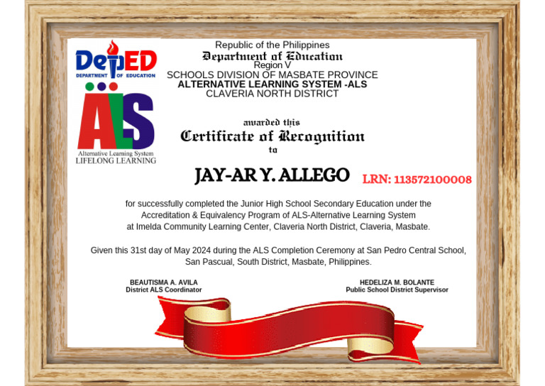 Certificate of Recognition for ALS Completion | PDF