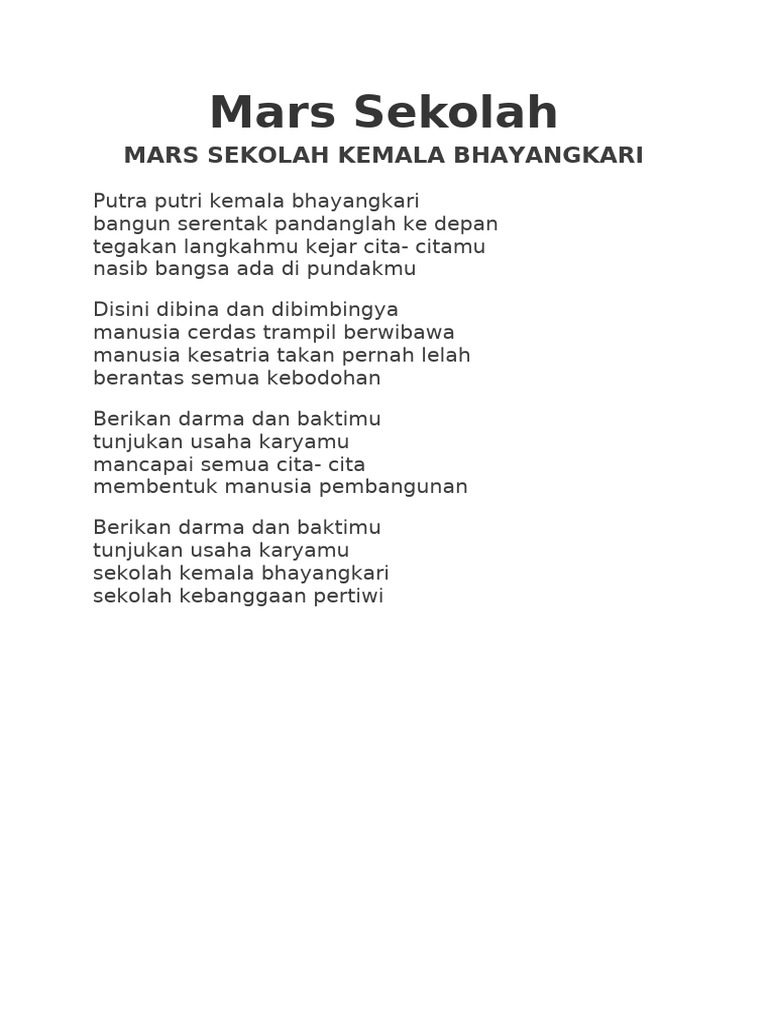Lirik Mars Sekolah Kemala Bhayangkari | PDF