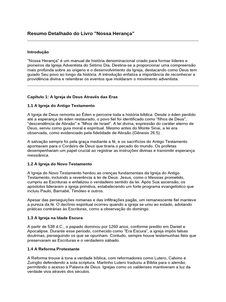 Resumo do Livro "Nossa Herança" | PDF | Igreja Adventista do Sétimo Dia ...