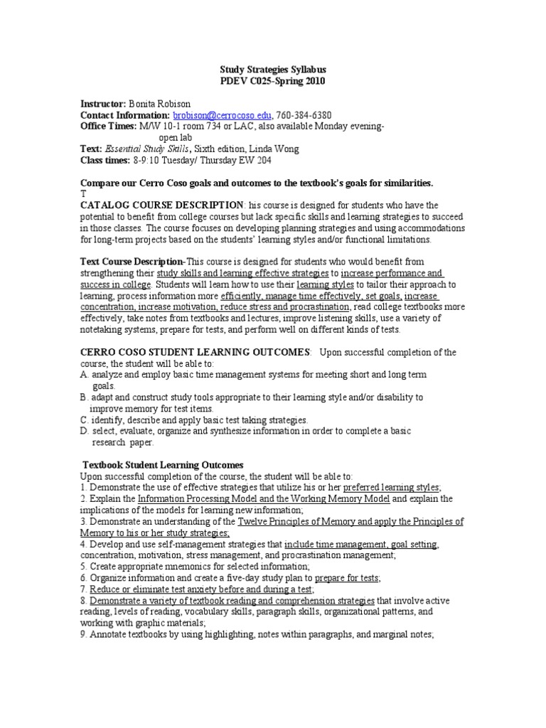 Study Skills Course Syllabus 2010 | PDF | Study Skills | Homework