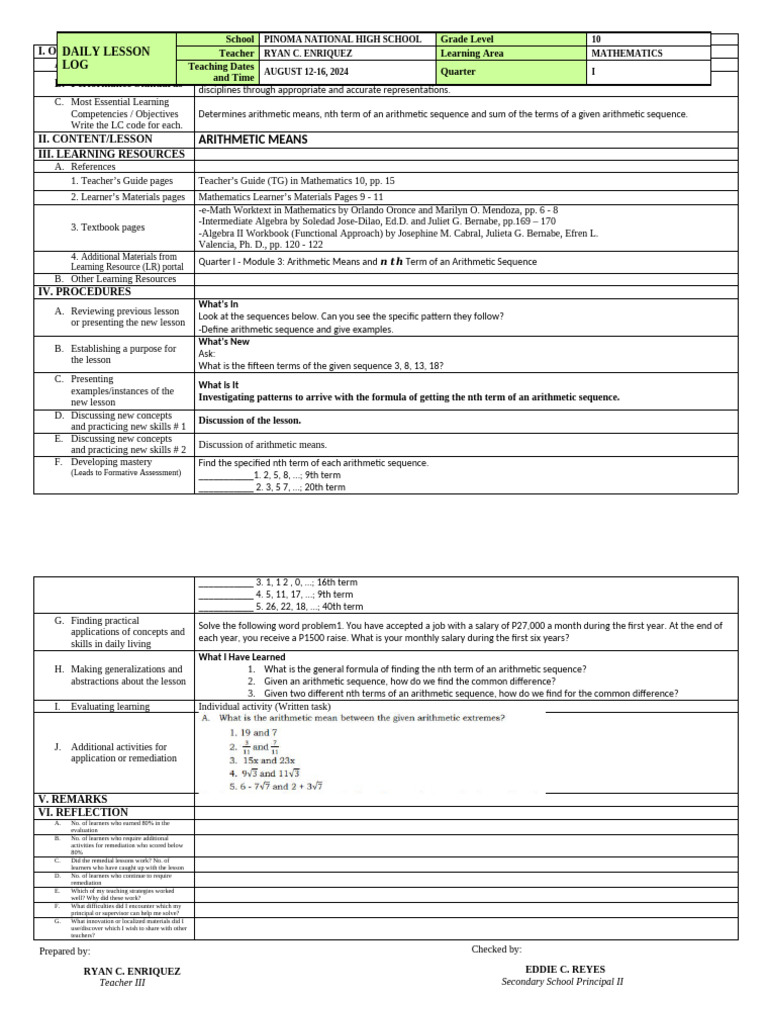 Grade 10 Quarter I Week 3 DLL | PDF | Mathematics | Arithmetic