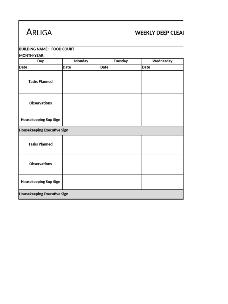 Weekly Food Court Cleaning Log | PDF