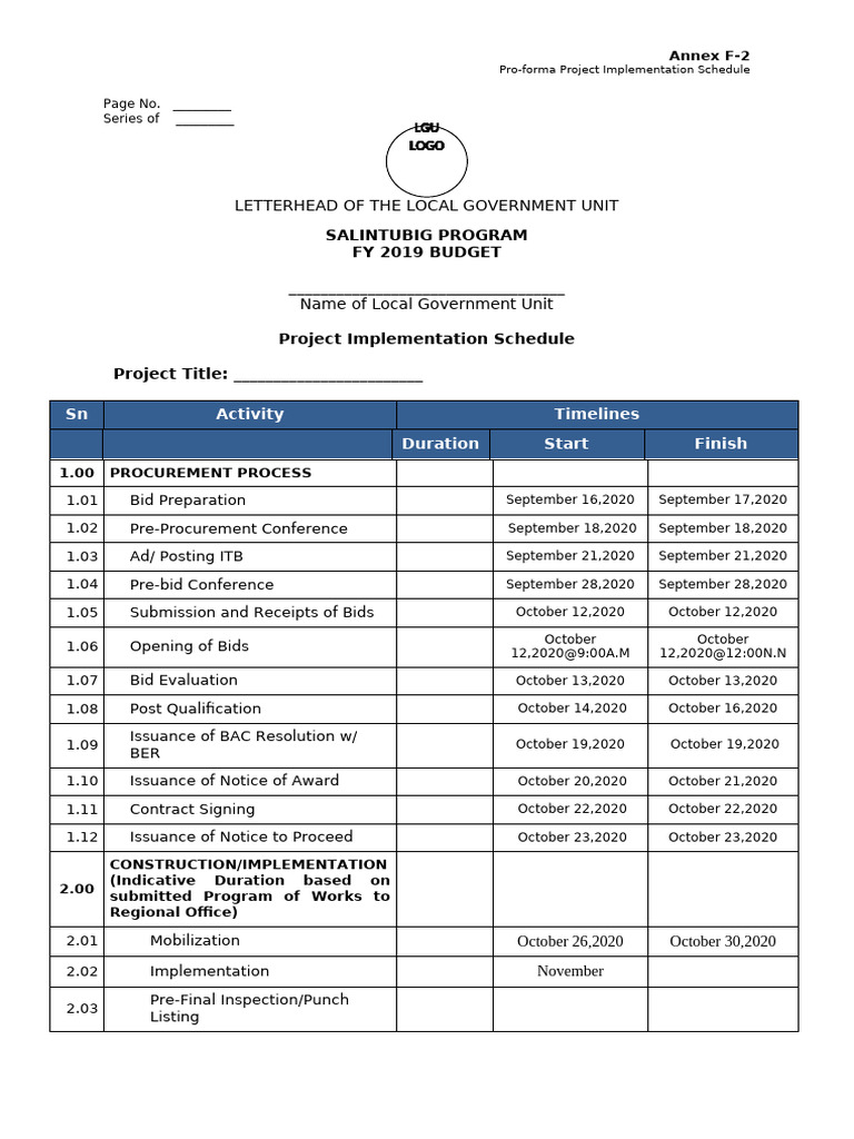 Annex F-2 - Project Implementation Schedule | PDF