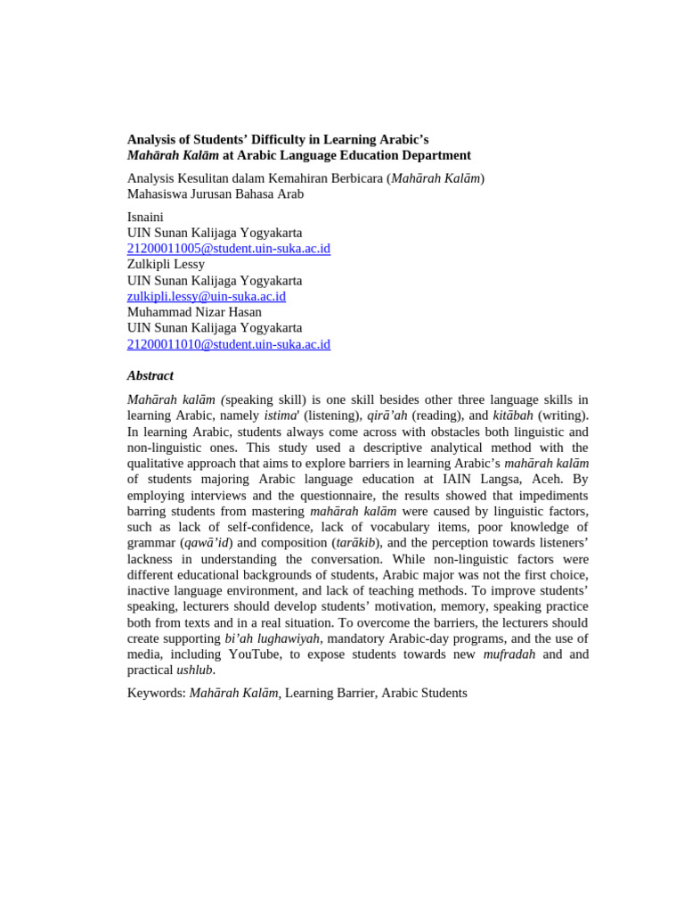 Analysis of The Difficulty of Learning Arabic Language On Students (1 ...
