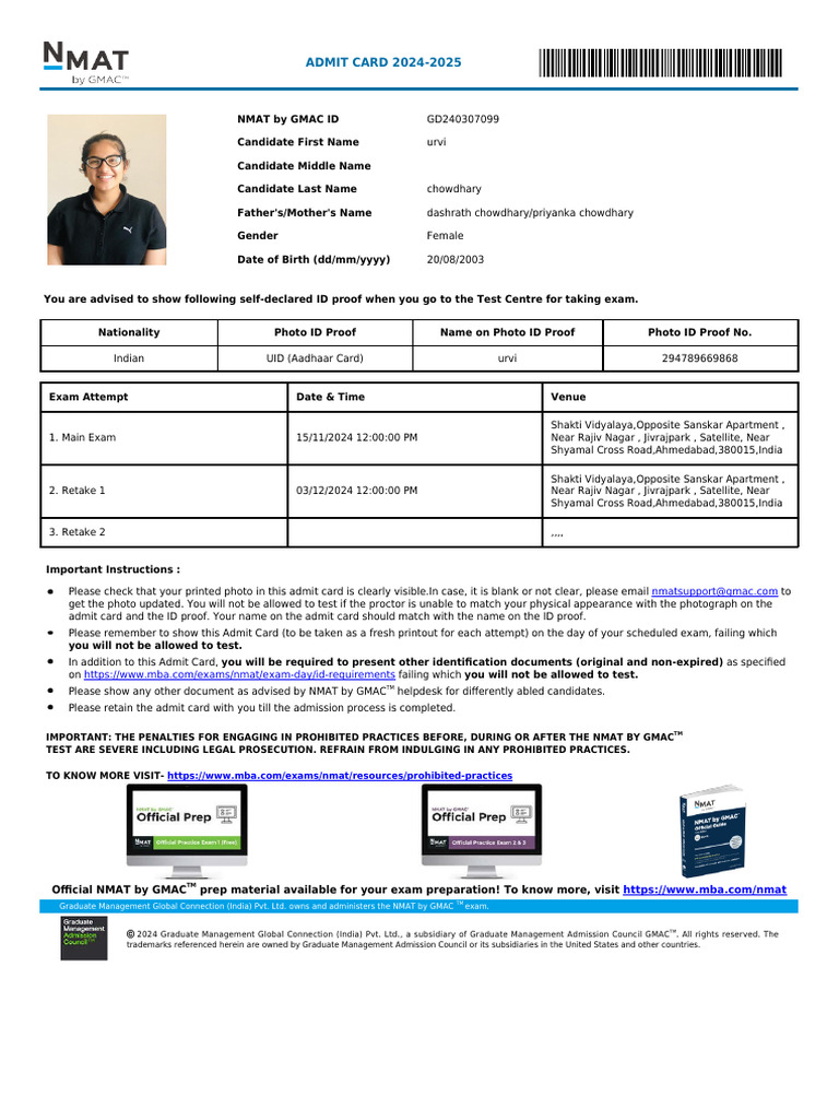 NMAT Admit Card 2024-2025 Details | PDF | Government And Personhood ...