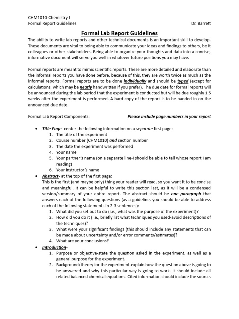BB - CHM1010 - F24 - Formal Lab Report Guidelines | PDF | Experiment ...