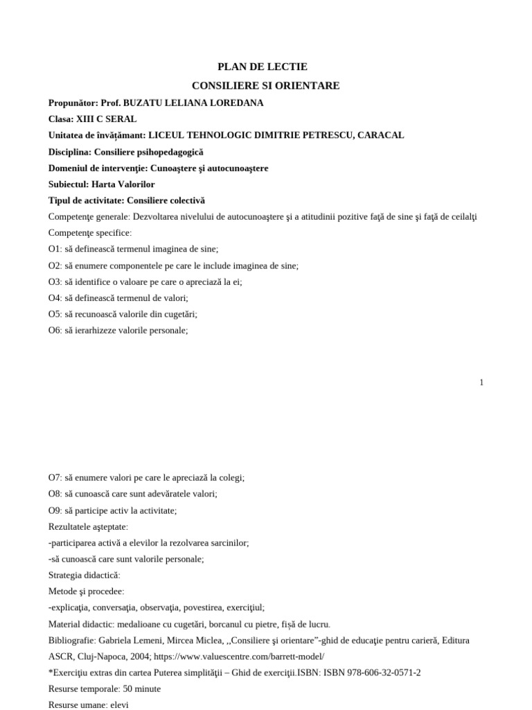 Plan de Lectie Harta Valorilor | PDF