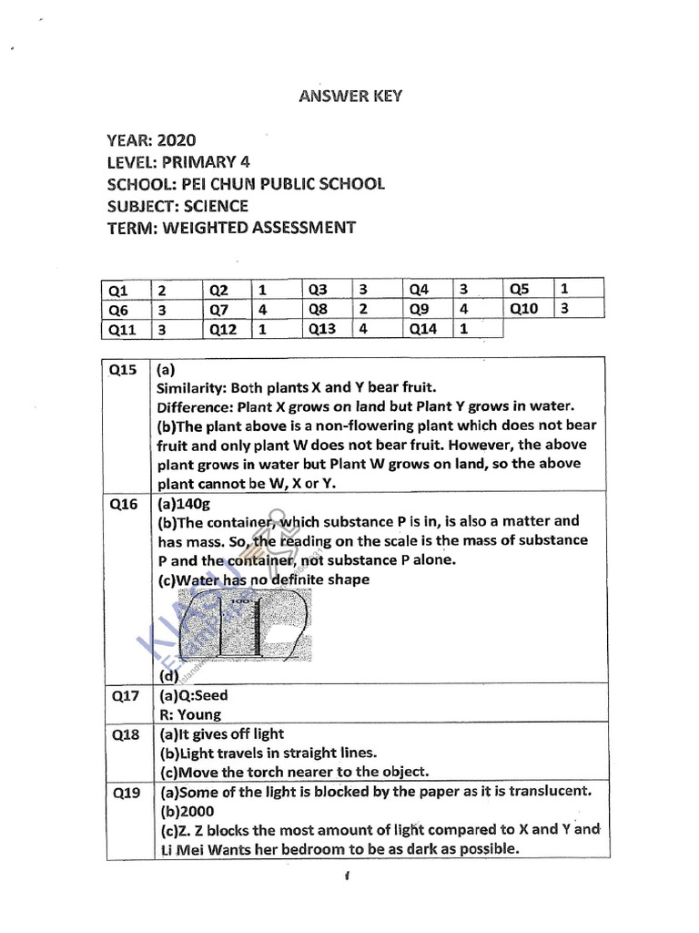 06 2020 P4 Science CA2 Pei Chun Answer | PDF
