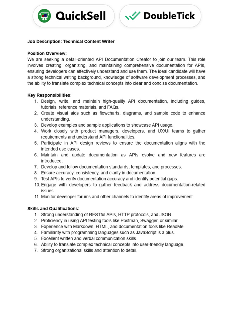 API Documentation Creator Job Description | PDF