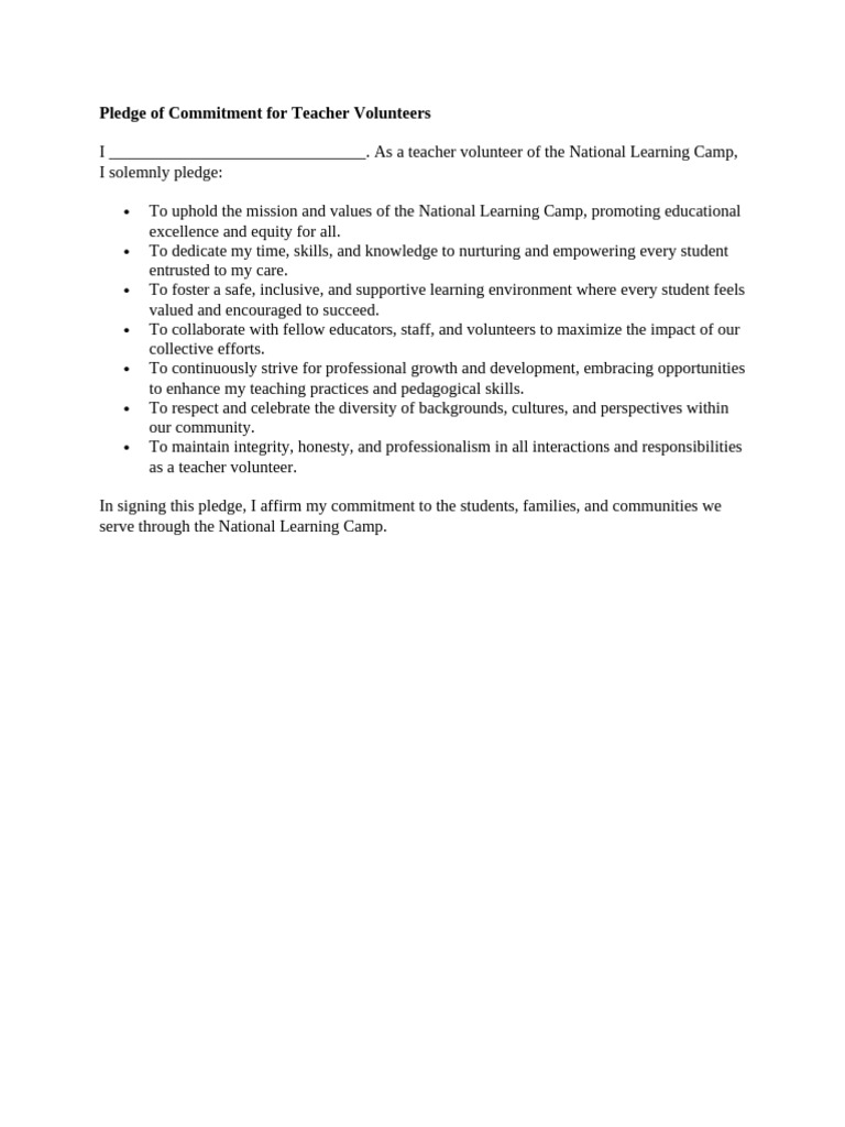 Teacher Volunteer Commitment Pledge | PDF | Learning | Teachers