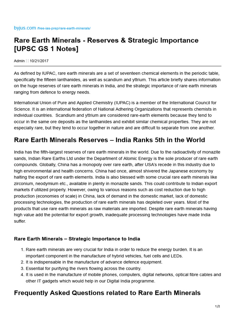 Rare Earth Minerals - Reserves Strategic Importance UPSC GS 1 Notes ...