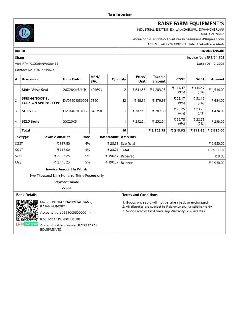 Tax Invoice for Raise Farm Equipment | PDF | Invoice | Economies