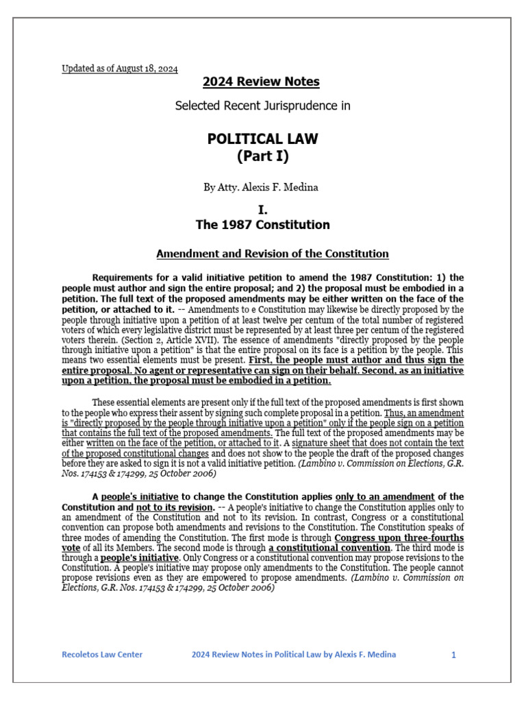 2024 Political Law Review Notes | PDF | Territorial Waters | Justice