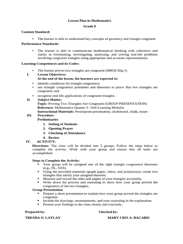 Grade 8 Triangle Congruence Lesson Plan | PDF | Mathematics
