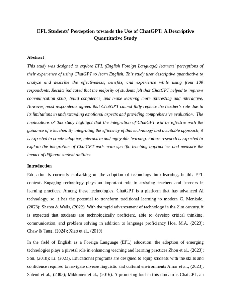 EFL Students' Perception Towards The Use of ChatGPT A Descriptive ...