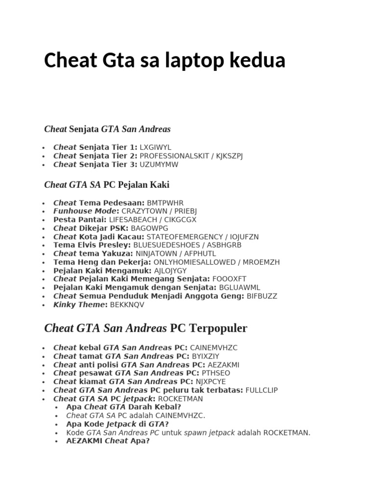 Cheat Senjata dan Kode GTA SA PC PDF