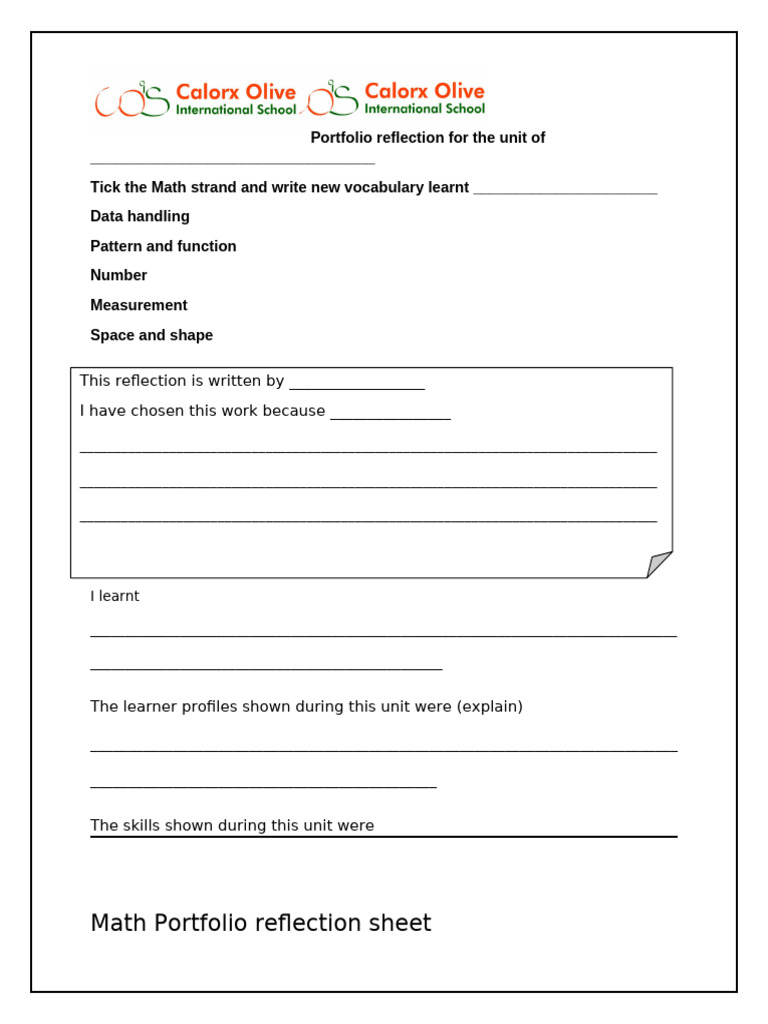 Math Portfolio Reflection Sheet | PDF